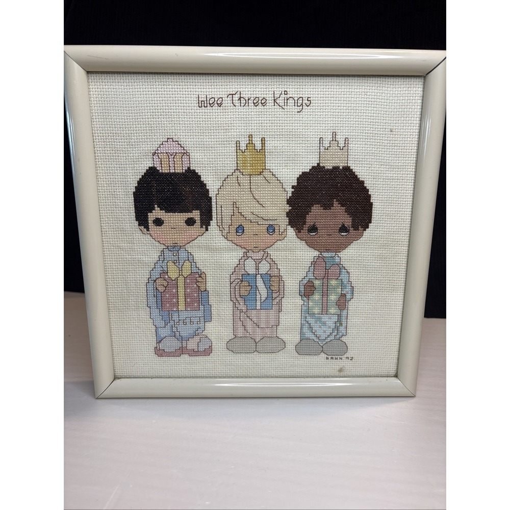 Vtg 1992 Precious Moments Framed Cross Stitch Art Wee Three Kings Nativity